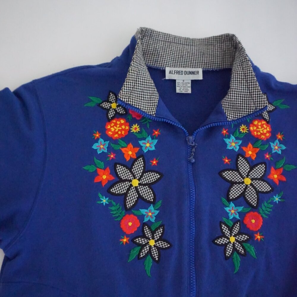 Vintage Alfred Dunner Blue Floral Embroidered Zip Up Knit Cottagecore Cardigan S - Picture 7 of 10